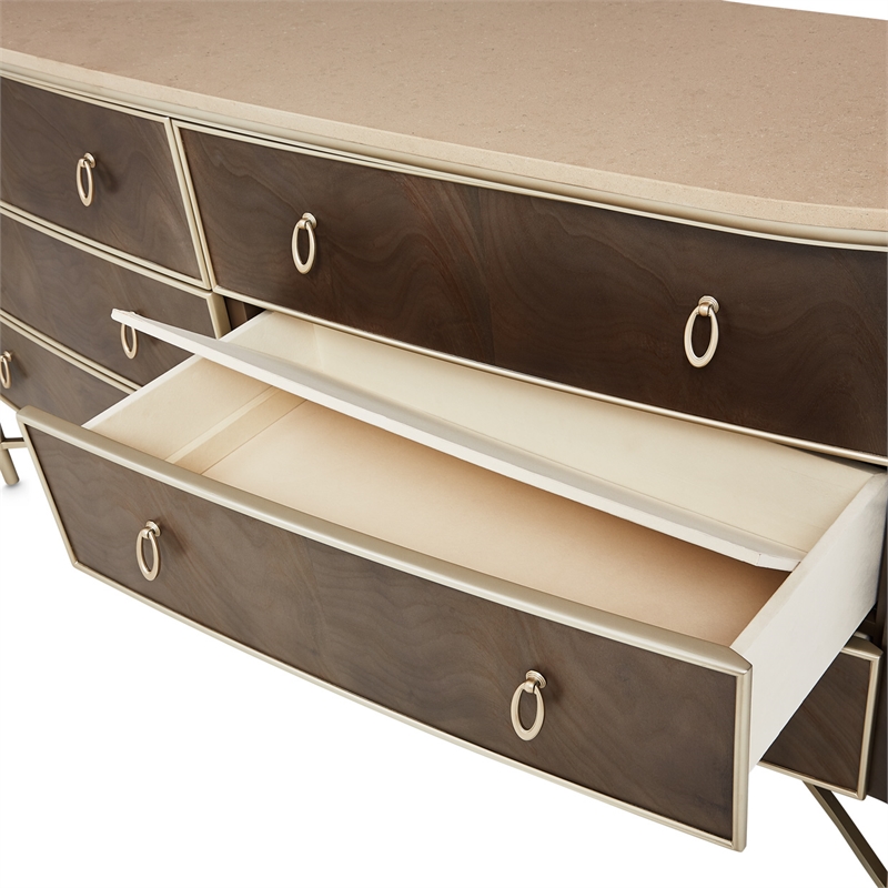 Michael Amini Villa Cherie Wood Dresser and Mirror in Hazelnut Brown