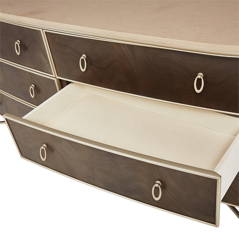 Michael Amini Villa Cherie Wood Dresser and Mirror in Hazelnut Brown