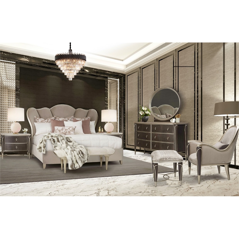 Michael Amini Villa Cherie Wood Dresser and Mirror in Hazelnut Brown