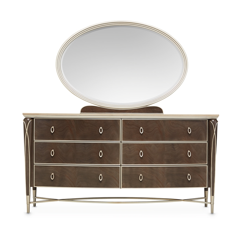 Michael Amini Villa Cherie Wood Dresser and Mirror in Hazelnut Brown