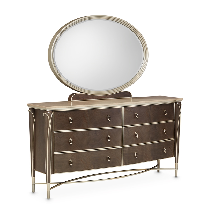 Michael Amini Villa Cherie Wood Dresser and Mirror in Hazelnut Brown