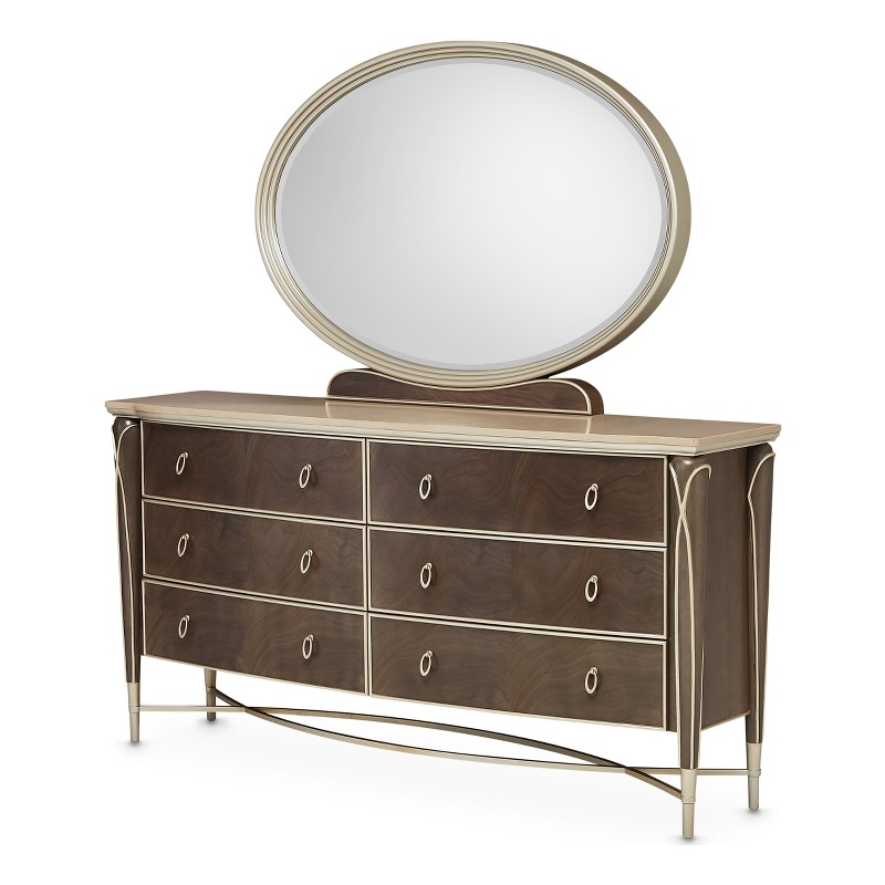 Michael Amini Villa Cherie Wood Dresser and Mirror in Hazelnut Brown