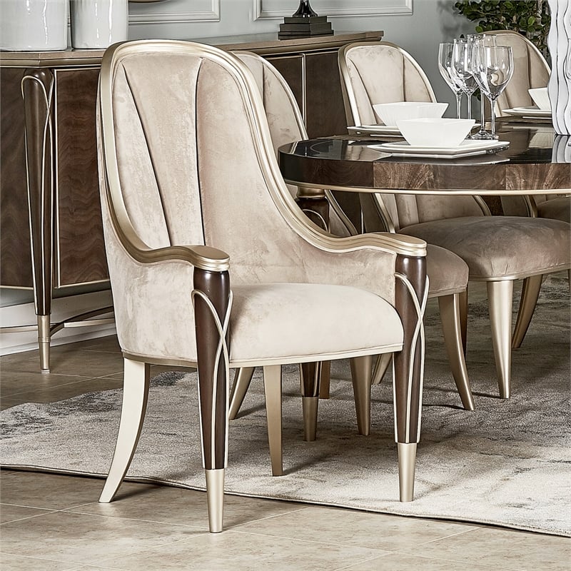 Michael Amini Villa Cherie Velvet Dining Arm Chair in Hazelnut Brown
