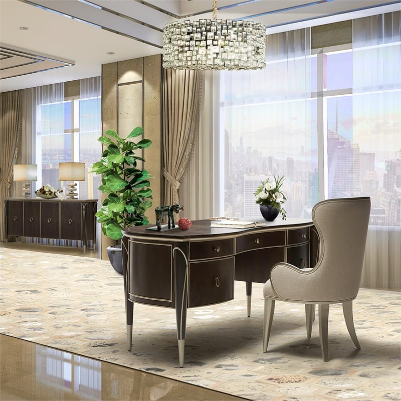 Michael Amini Villa Cherie Wood & Marble Sideboard in Hazelnut Brown