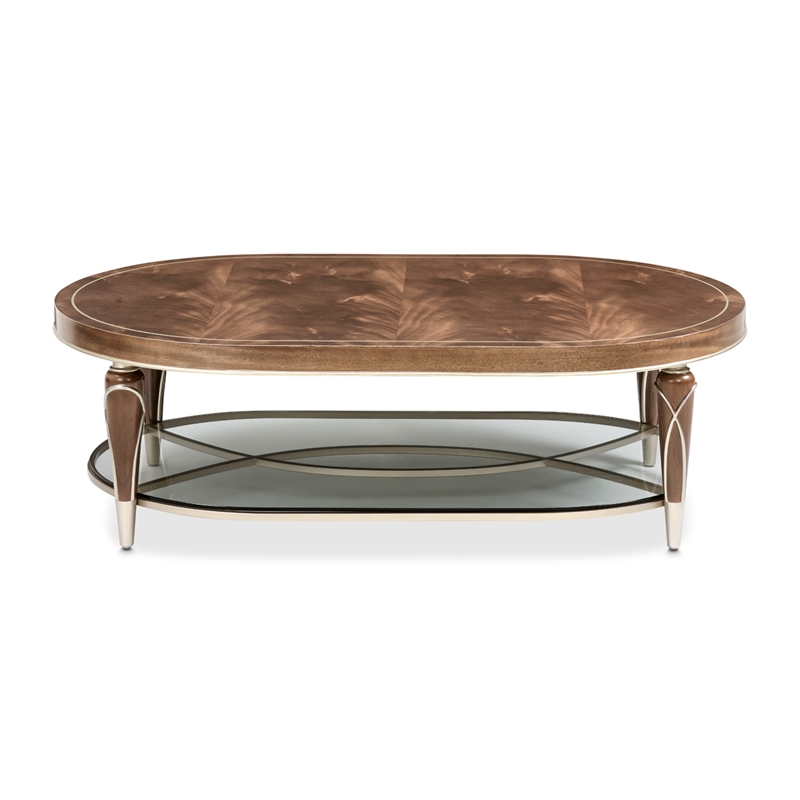 Michael Amini Villa Cherie Wood Oval Cocktail Table in Hazelnut Brown