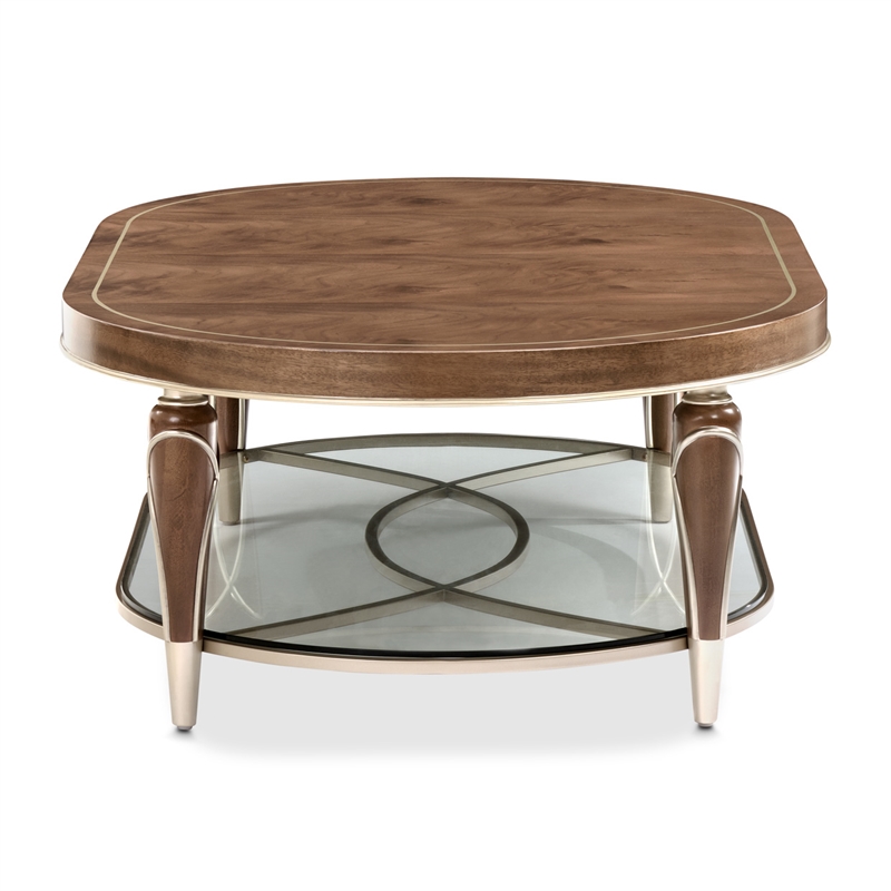 Michael Amini Villa Cherie Wood Oval Cocktail Table in Hazelnut Brown