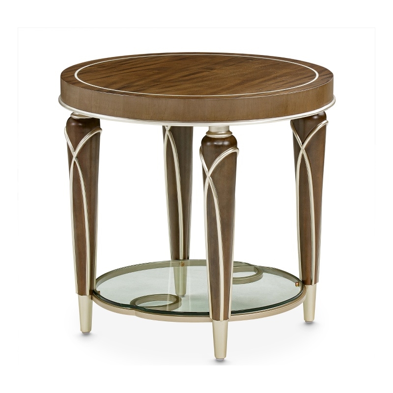 Michael Amini Villa Cherie Wood & Glass End Table in Hazelnut Brown