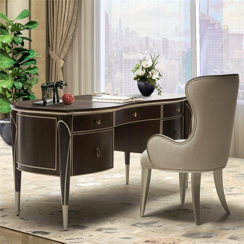 Michael Amini Villa Cherie Transitional Wood Desk in Hazelnut Brown
