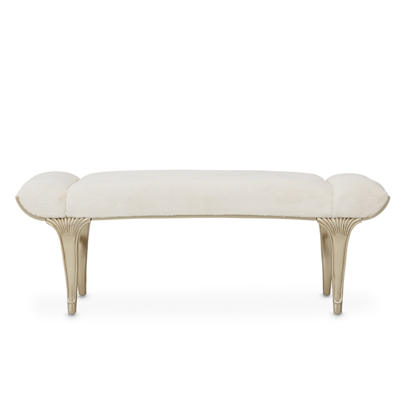Michael Amini Villa Cherie Faux Fur Fabric Bed Bench in Pearl Ivory/Chardonnay