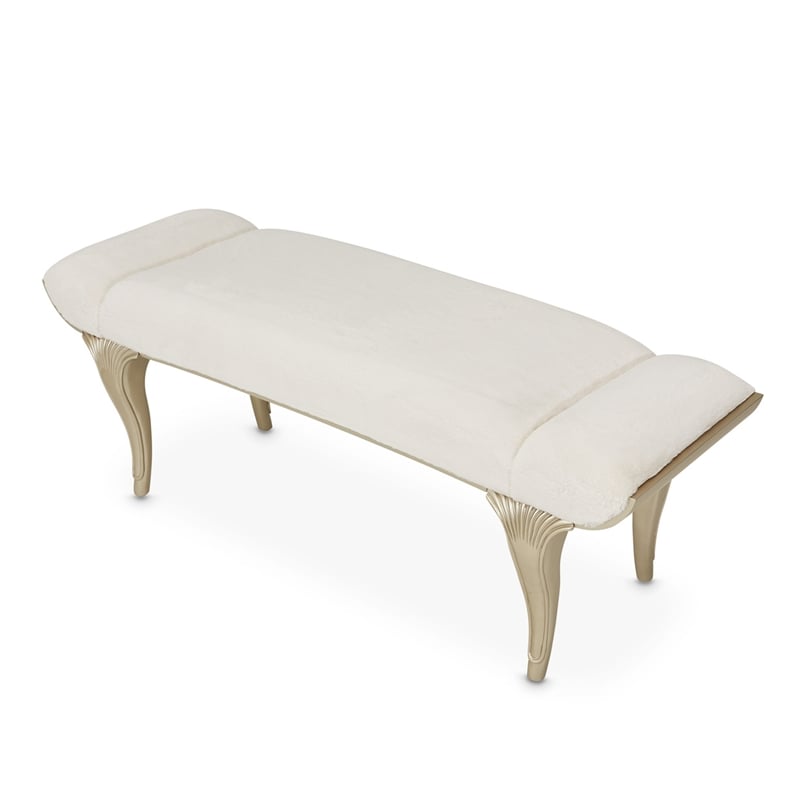 Michael Amini Villa Cherie Faux Fur Fabric Bed Bench in Pearl Ivory/Chardonnay