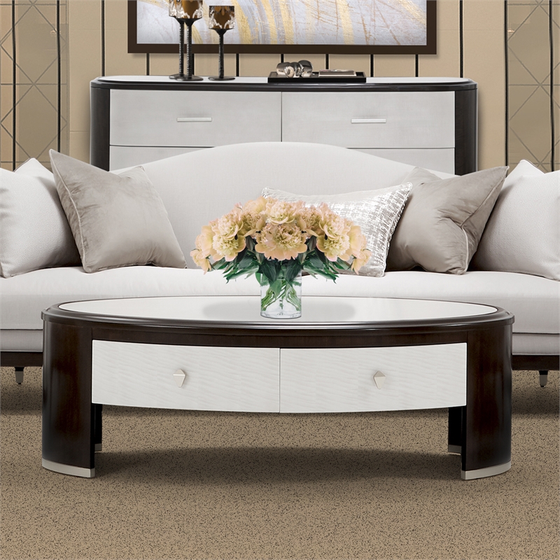 Michael Amini Paris Chic Wood & Marble Oval Cocktail Table in Espresso