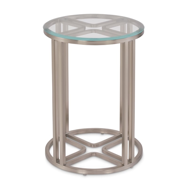 Michael Amini Lanterna Stainless Steel & Glass Chairside Table in Silver Mist