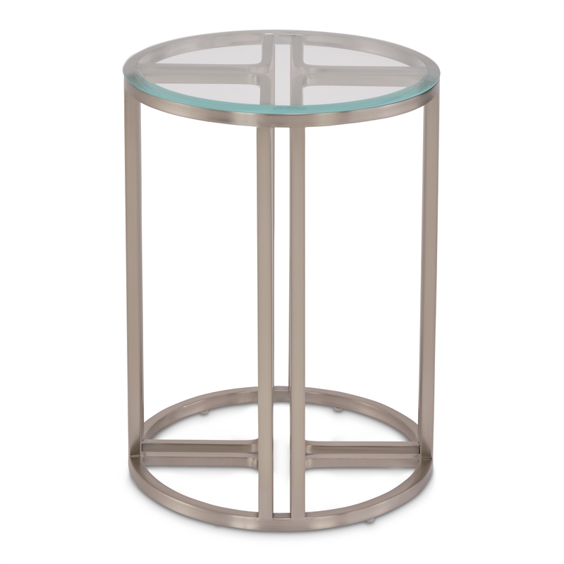 Michael Amini Lanterna Stainless Steel & Glass Chairside Table in Silver Mist
