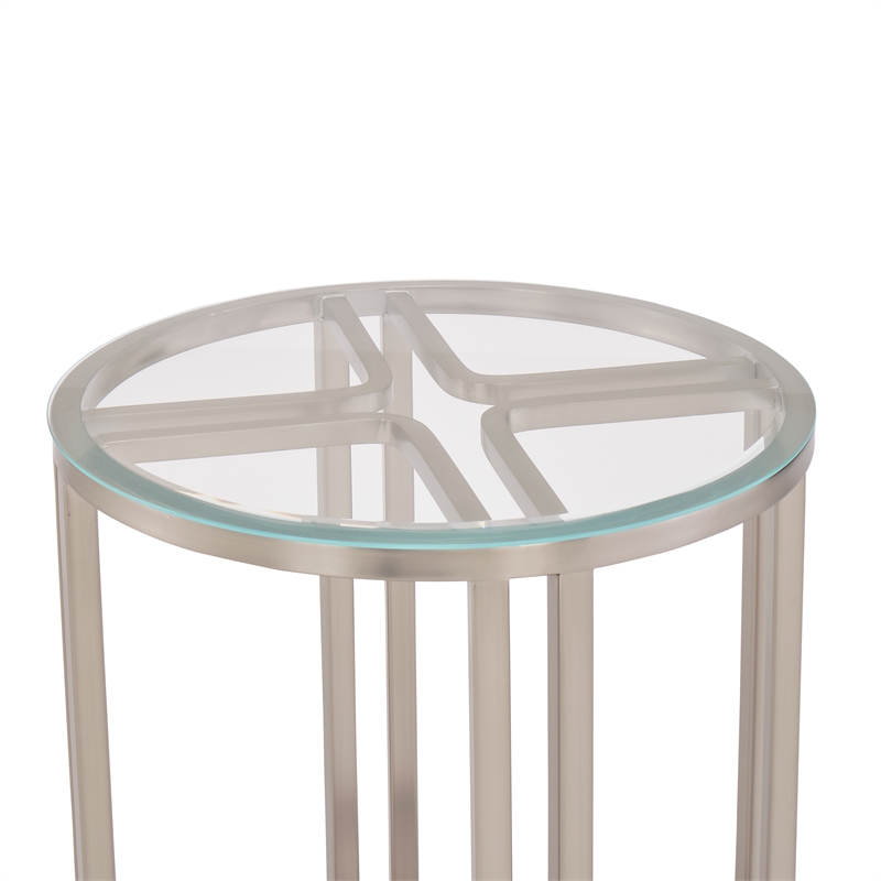 Michael Amini Lanterna Stainless Steel & Glass Chairside Table in Silver Mist