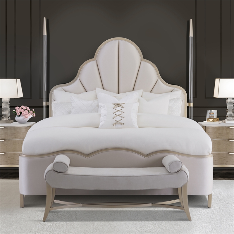 Michael Amini Malibu Crest Queen Scalloped Poster Bed - Porcelain/Chardonnay