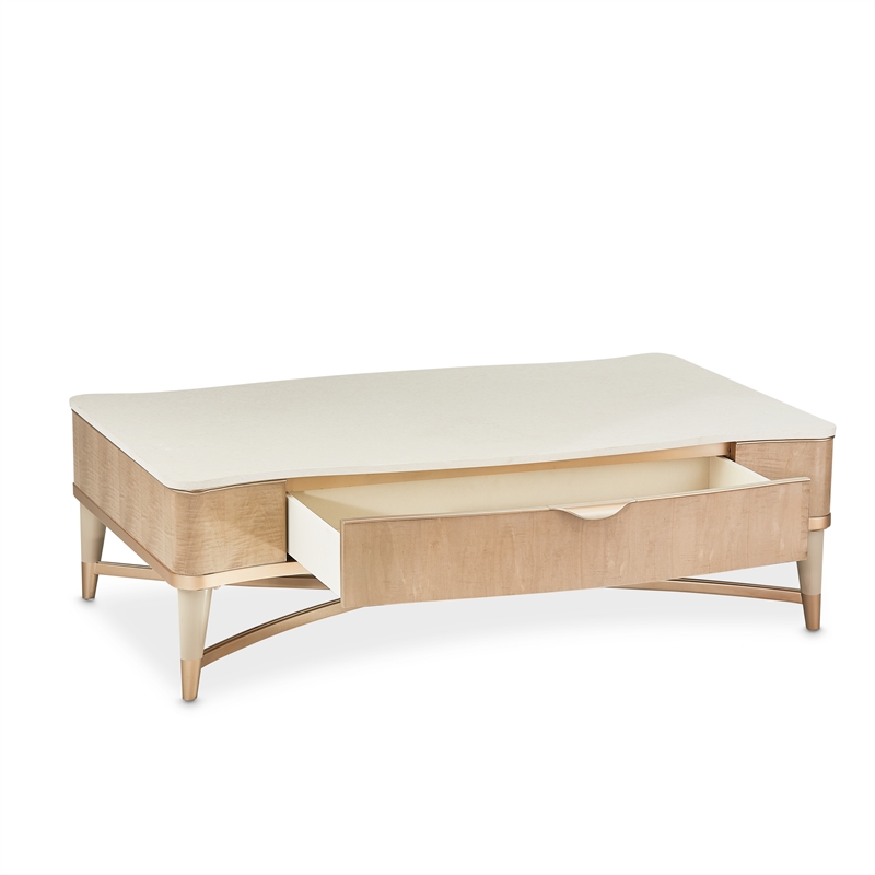 Michael Amini Malibu Crest Rectangular Wood & Marble Cocktail Table - Blush