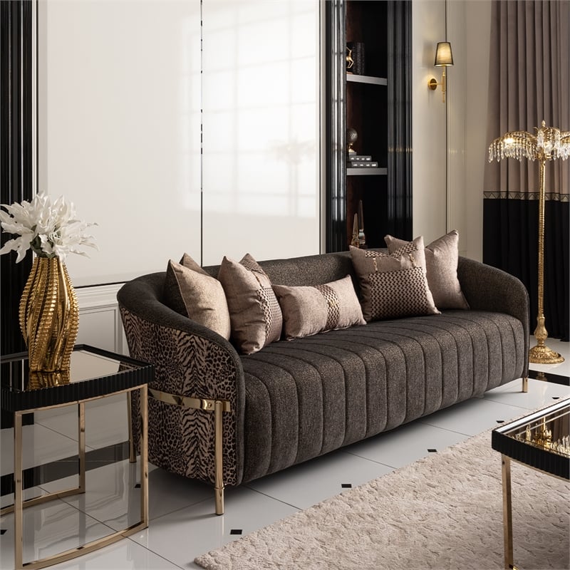 MICHAEL AMINI Lisbon Upholstered Chenille & Metal Sofa in Onyx and Gold