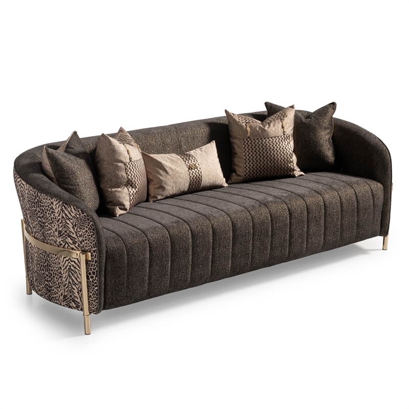 MICHAEL AMINI Lisbon Upholstered Chenille & Metal Sofa in Onyx and Gold