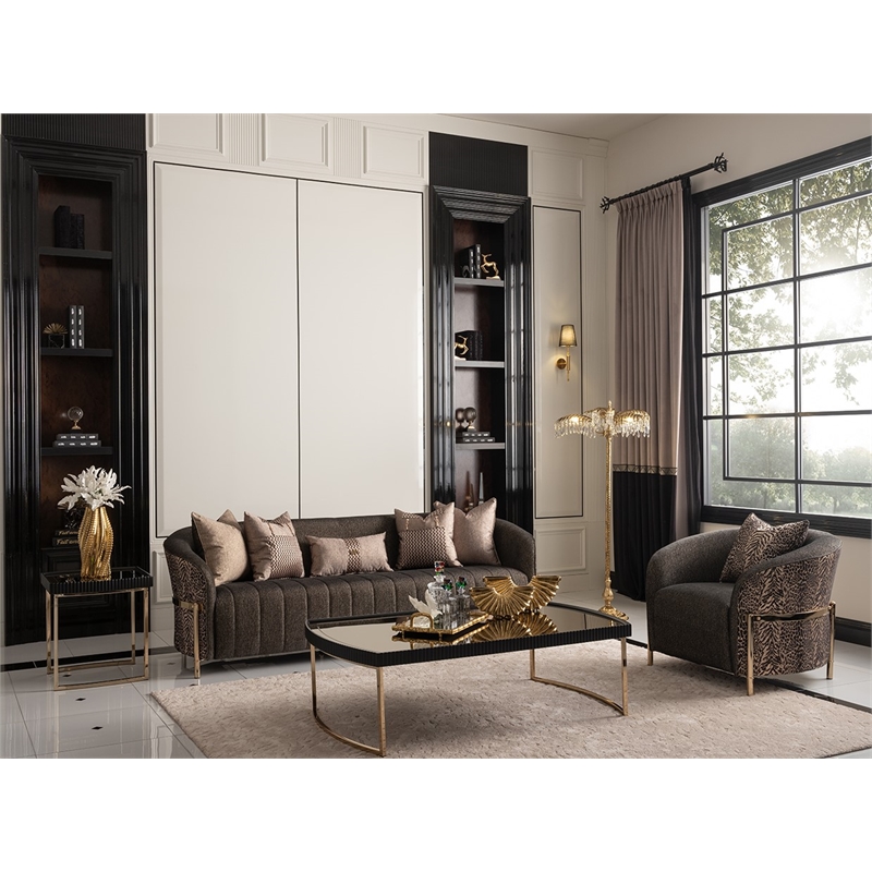 MICHAEL AMINI Lisbon Upholstered Chenille & Metal Sofa in Onyx and Gold