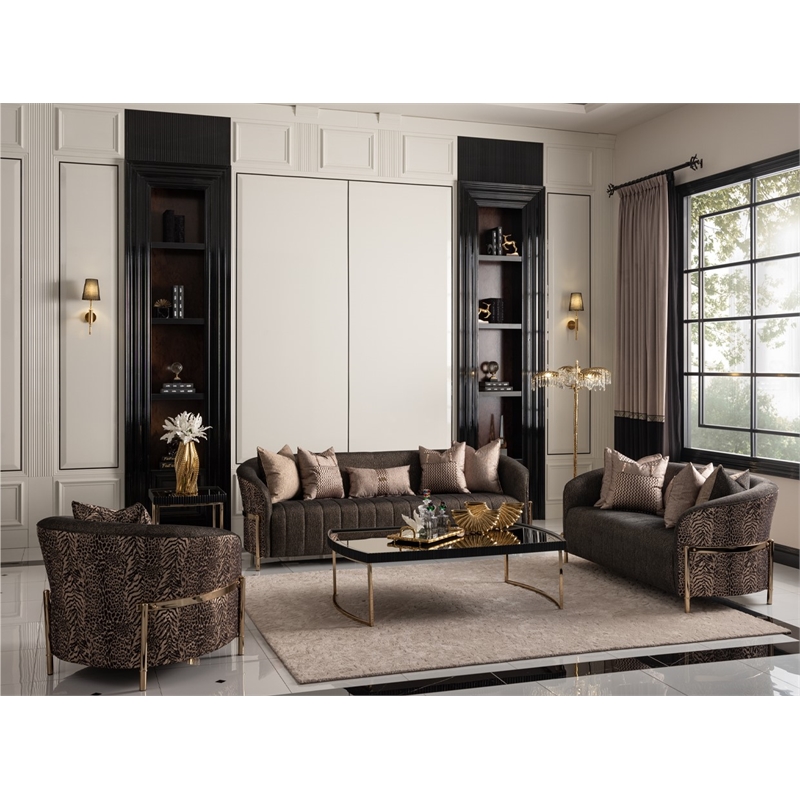 MICHAEL AMINI Lisbon Upholstered Chenille & Metal Sofa in Onyx and Gold
