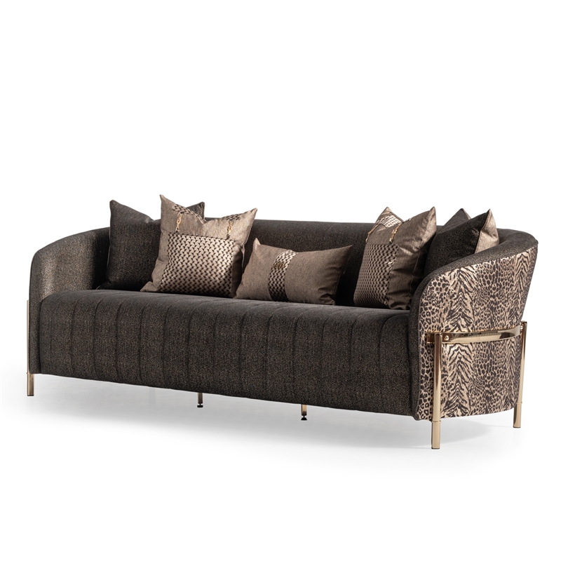 MICHAEL AMINI Lisbon Upholstered Chenille & Metal Sofa in Onyx and Gold