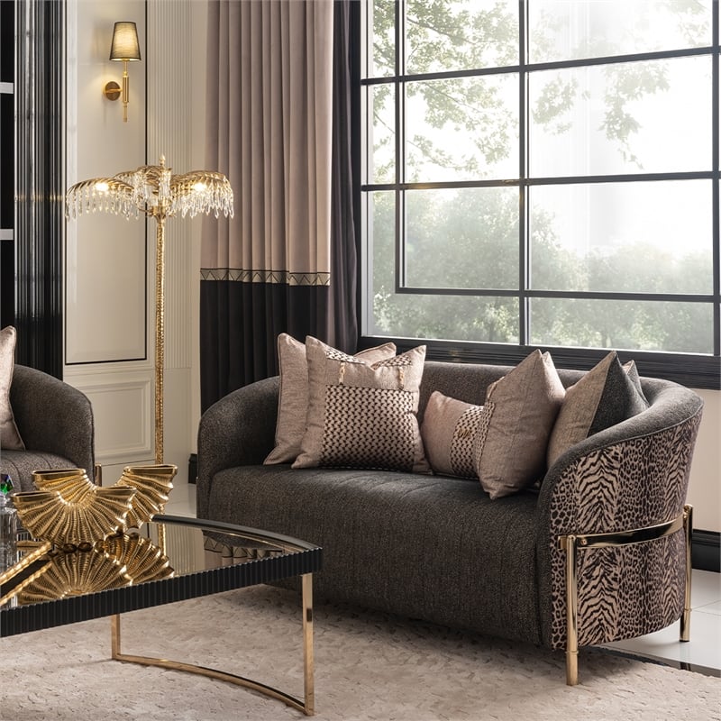 MICHAEL AMINI Lisbon Upholstered Chenille & Metal Loveseat in Onyx and Gold