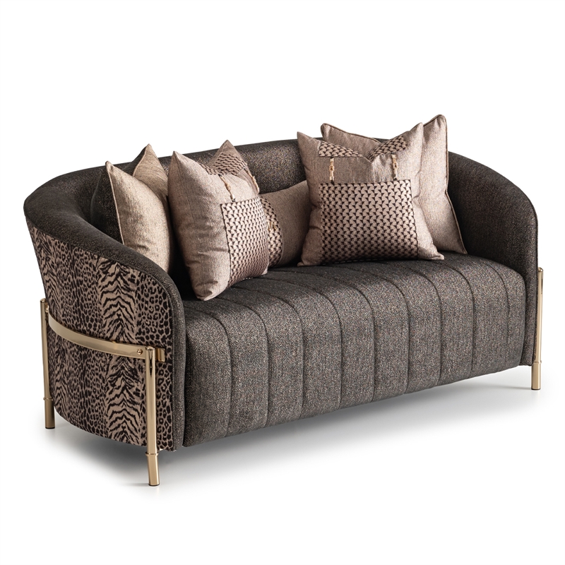 MICHAEL AMINI Lisbon Upholstered Chenille & Metal Loveseat in Onyx and Gold