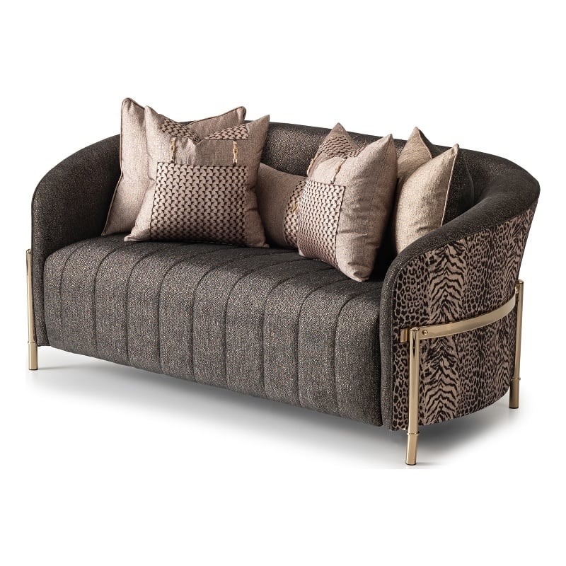 MICHAEL AMINI Lisbon Upholstered Chenille & Metal Loveseat in Onyx and Gold