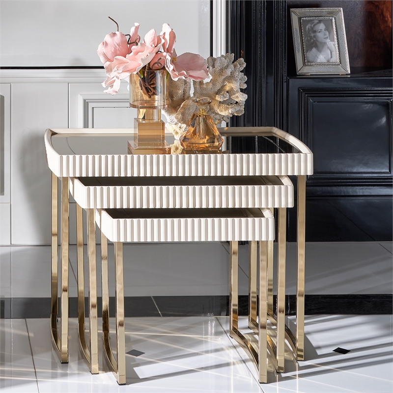 Michael Amini Lisbon Nesting Table - Set of 3 - Silken Matte Cream