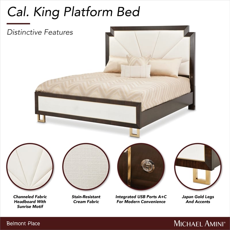 Michael Amini Belmont Place Cal. King Fabric & Wood Bed in Cream/Espresso