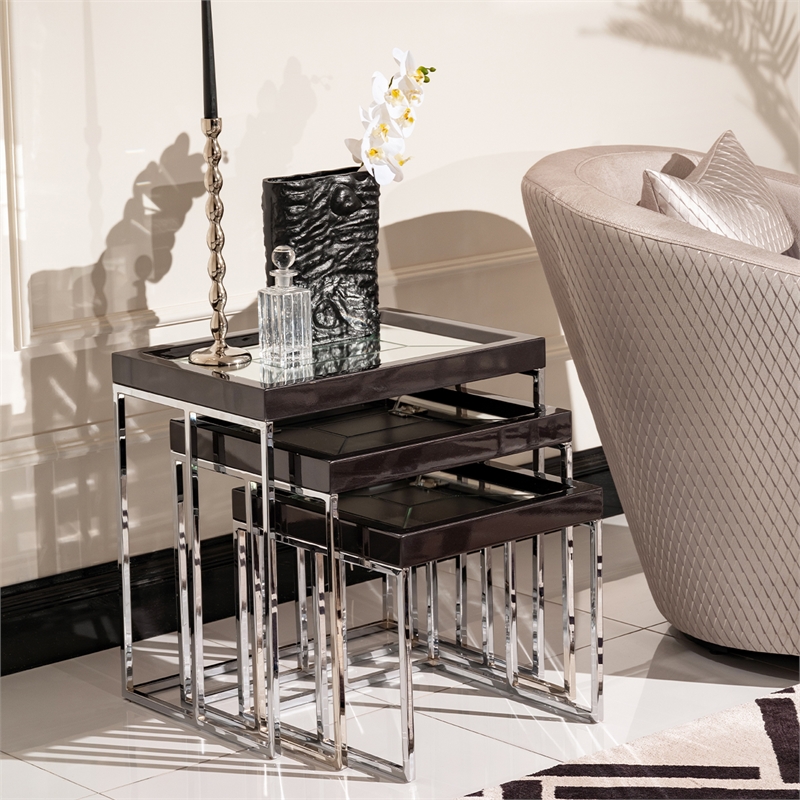 Carmela Set of 3 Nesting Tables - Glossy Charcoal Sand