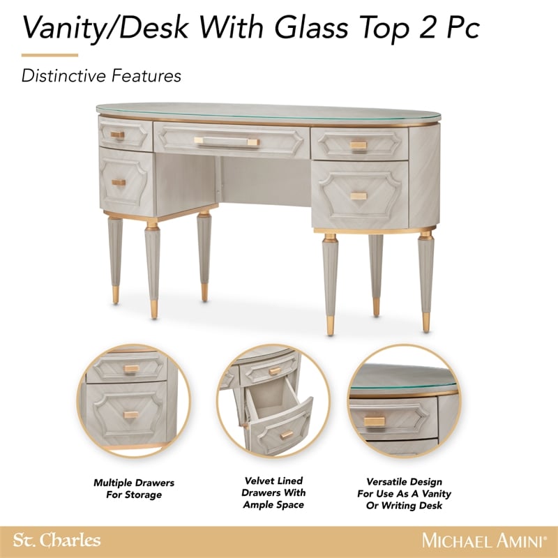 St. Charles Vanity Desk with Glass Top - Dove Gray