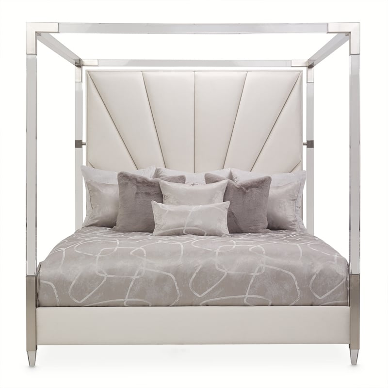 Michael Amini Penthouse Eastern King Canopy Bed - Frosted Linen