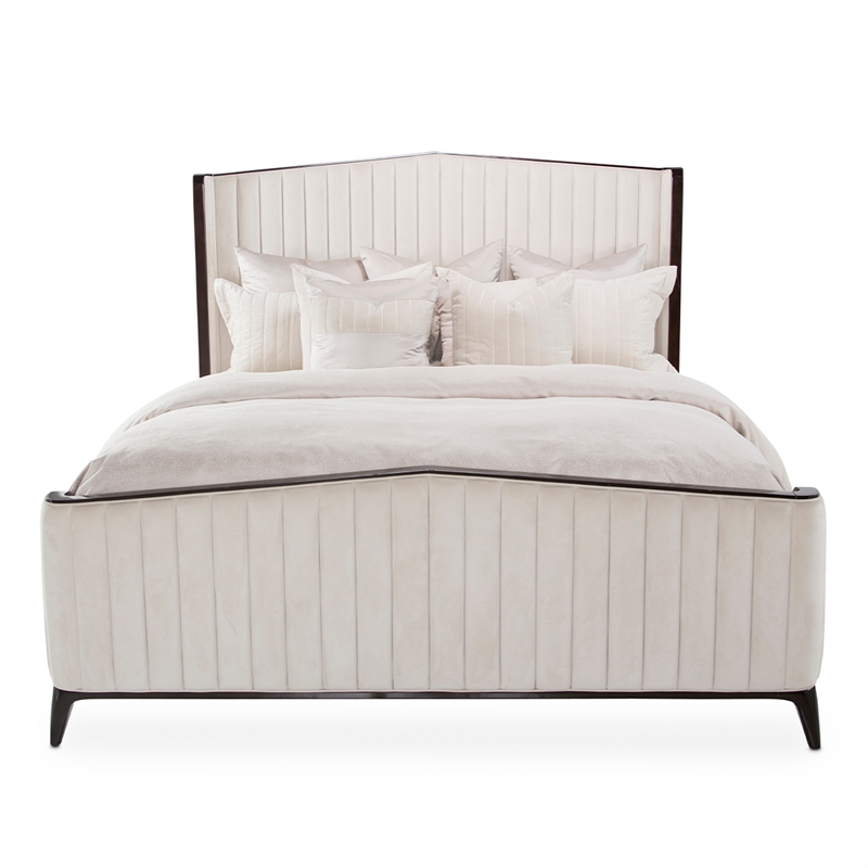 Paris Chic Queen Channel Tufted Velvet Bed - Ivory/Espresso