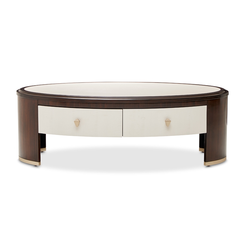 Michael Amini Paris Chic Marble & Wood Oval Cocktail Table in Espresso