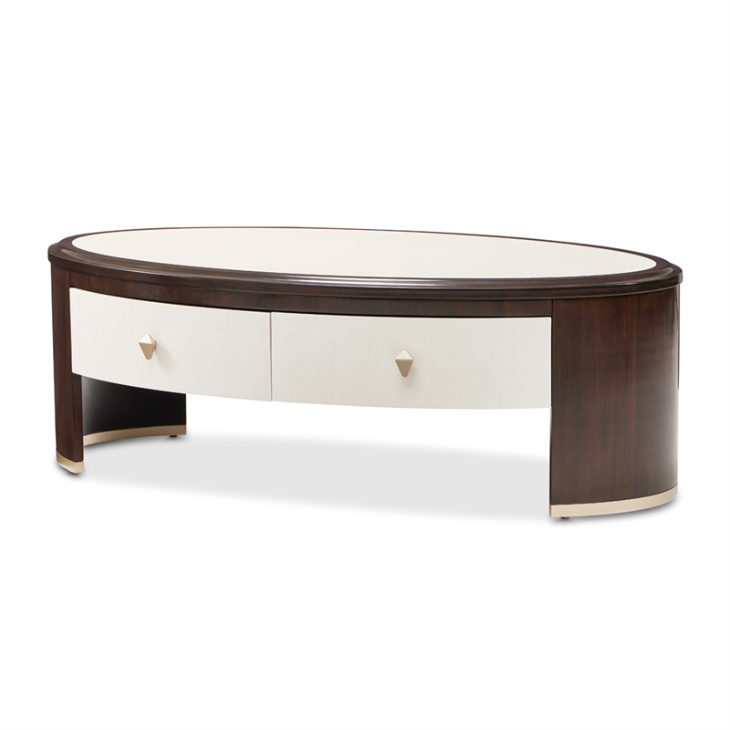 Michael Amini Paris Chic Marble & Wood Oval Cocktail Table in Espresso