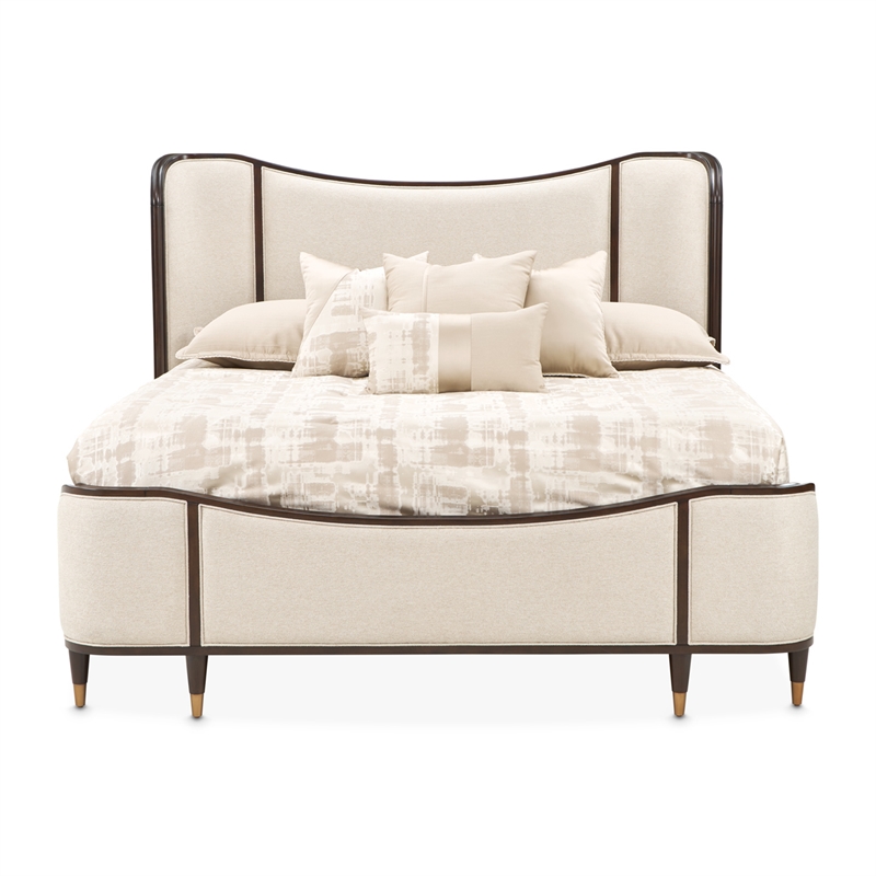 Michael Amini Camellia Field King Upholstered Chenille Bed in Linen/Warm Pecan