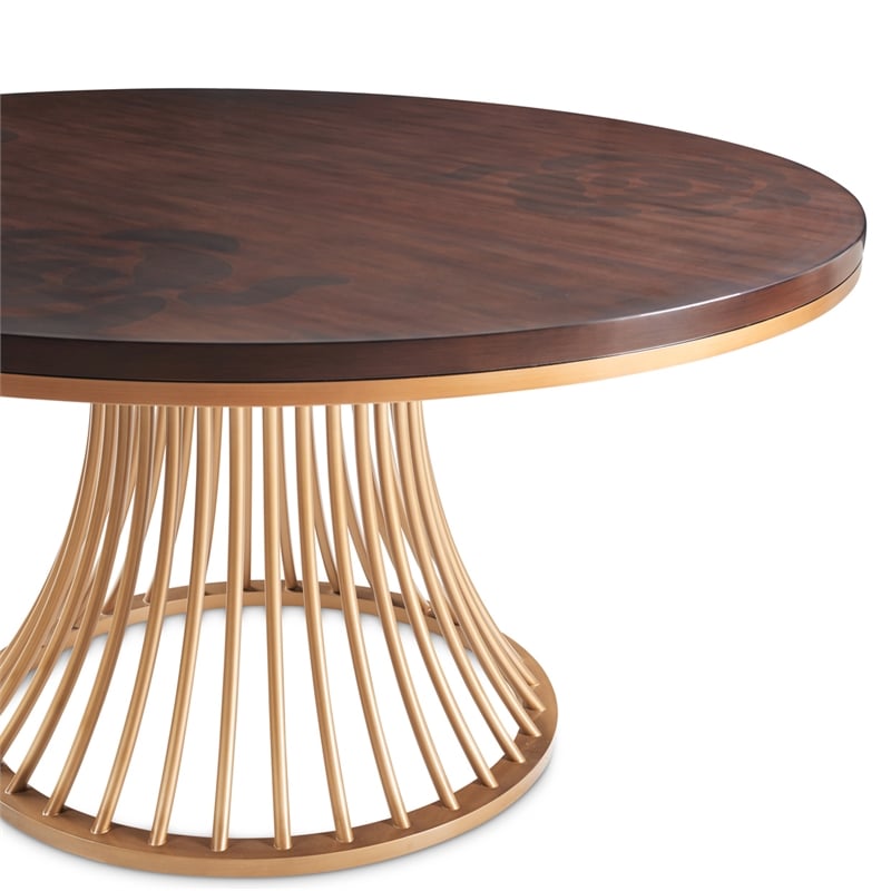 Michael Amini Camellia Field Round Dining Table in Warm Pecan/Antique Gold