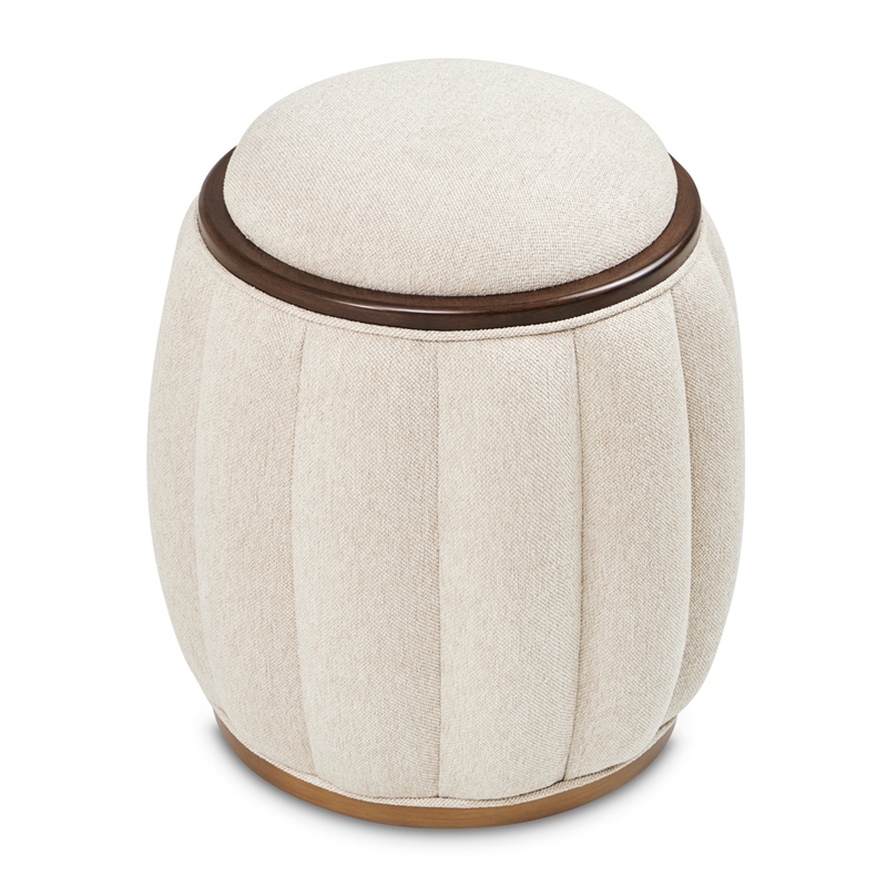 Michael Amini Camellia Field Round Chenille Accent Bench in Linen/Warm Pecan