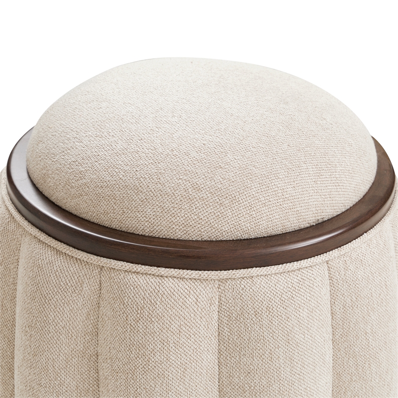 Michael Amini Camellia Field Round Chenille Accent Bench in Linen/Warm Pecan