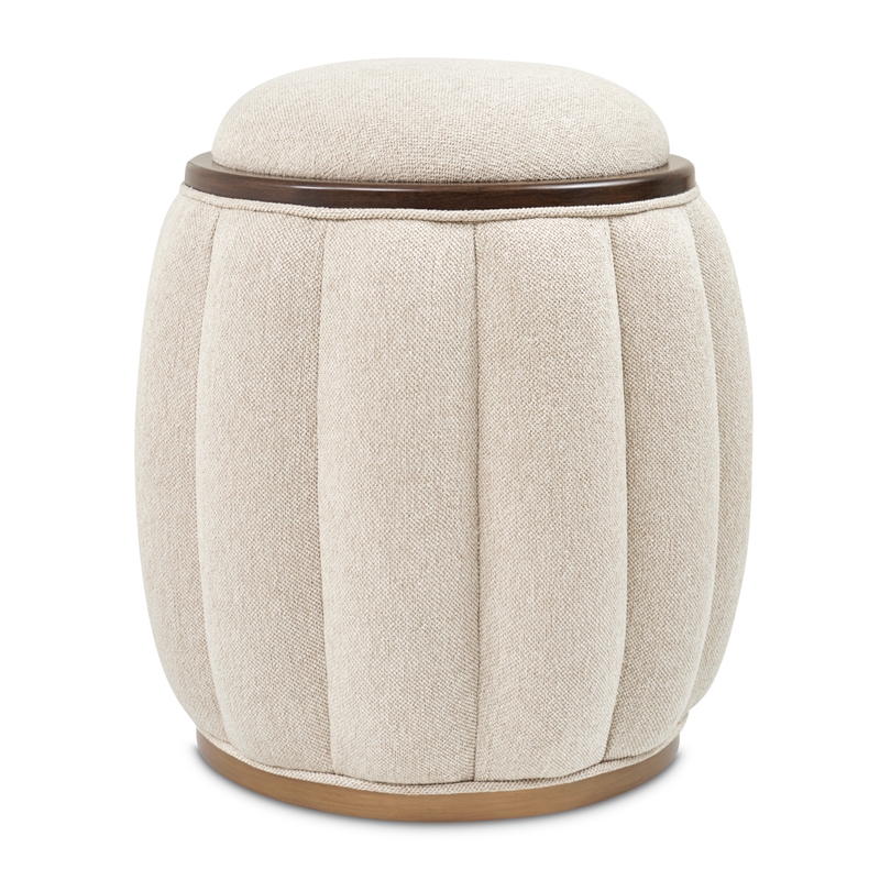 Michael Amini Camellia Field Round Chenille Accent Bench in Linen/Warm Pecan