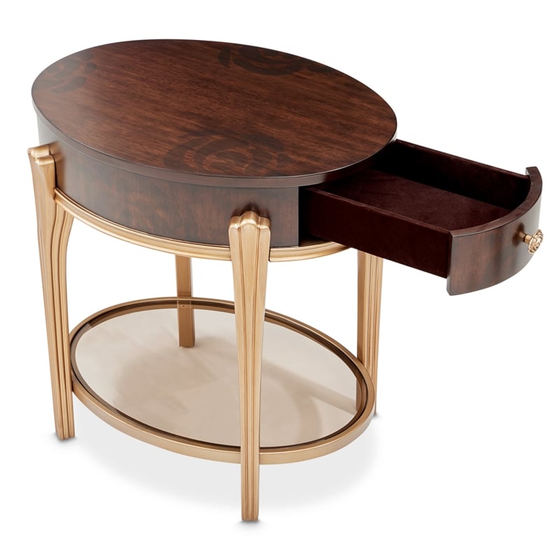 Michael Amini Camellia Field End Table with Drawer in Warm Pecan