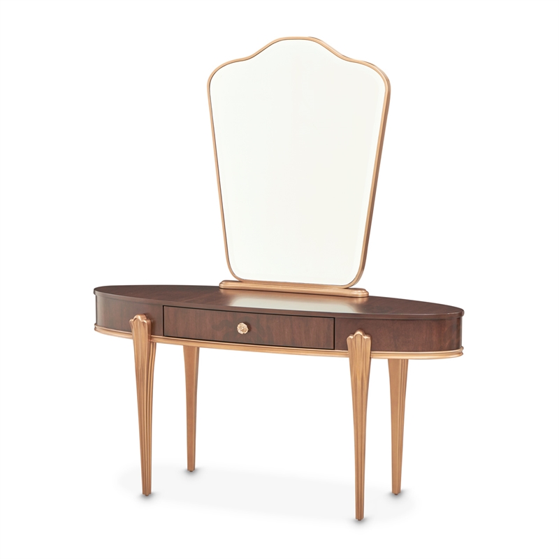 Michael Amini Camellia Field Vanity Set with Mirror & Chair in Warm Pecan