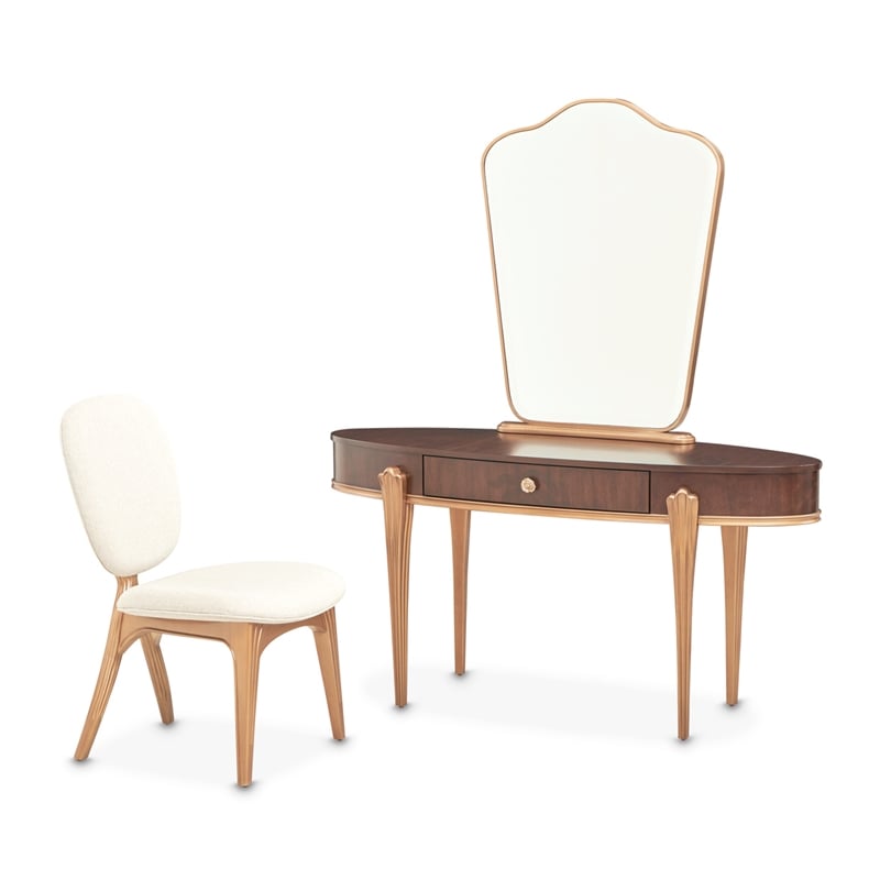 Michael Amini Camellia Field Vanity Set with Mirror & Chair in Warm Pecan