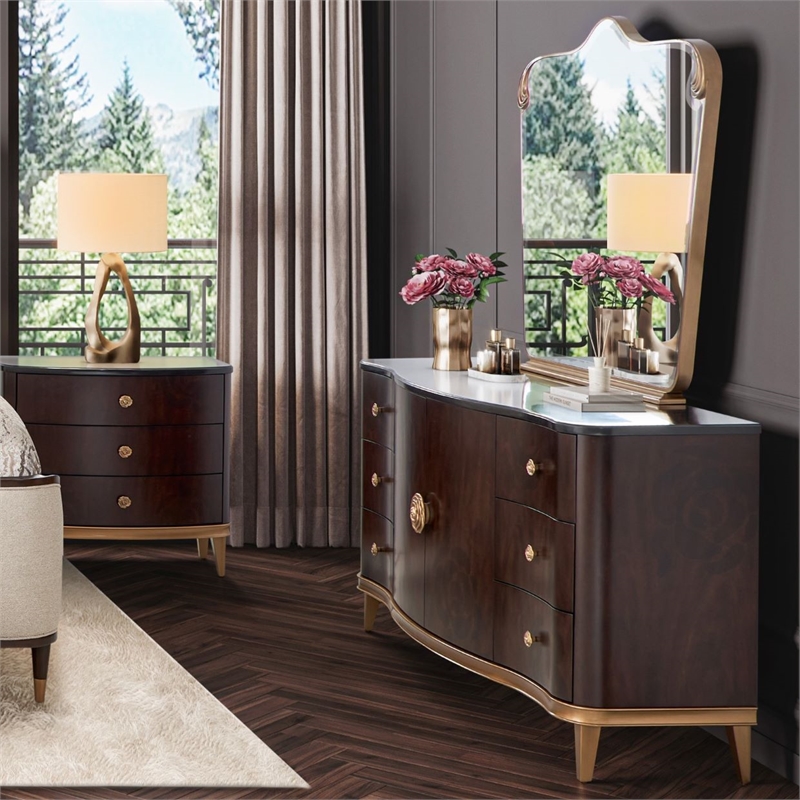 Michael Amini Camellia Field Dresser with Mirror in Warm Pecan