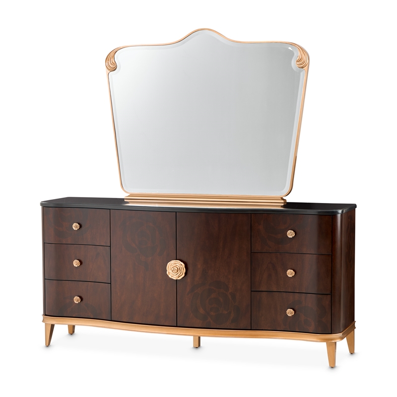 Michael Amini Camellia Field Dresser with Mirror in Warm Pecan