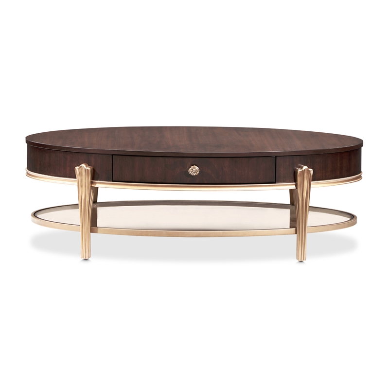 Michael Amini Camellia Field Oval Cocktail Table in Warm Pecan