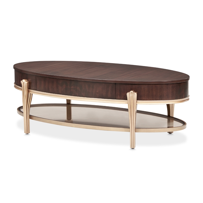 Michael Amini Camellia Field Oval Cocktail Table in Warm Pecan