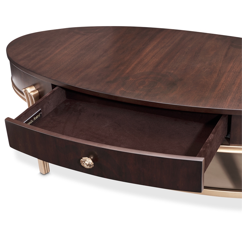 Michael Amini Camellia Field Oval Cocktail Table in Warm Pecan