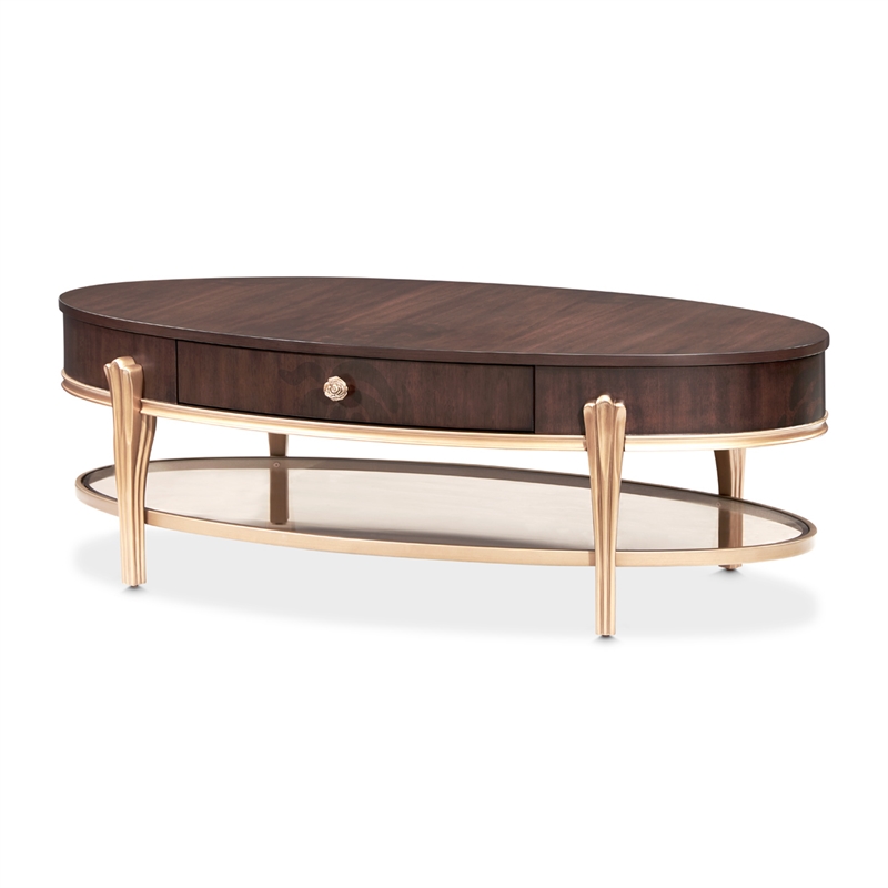 Michael Amini Camellia Field Oval Cocktail Table in Warm Pecan